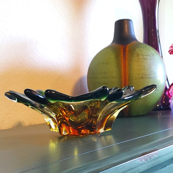 Vintage Handblown Green & Amber Art Glass Mid-Century Modern Art Deco Boho Bowl - Picture 7 of 13